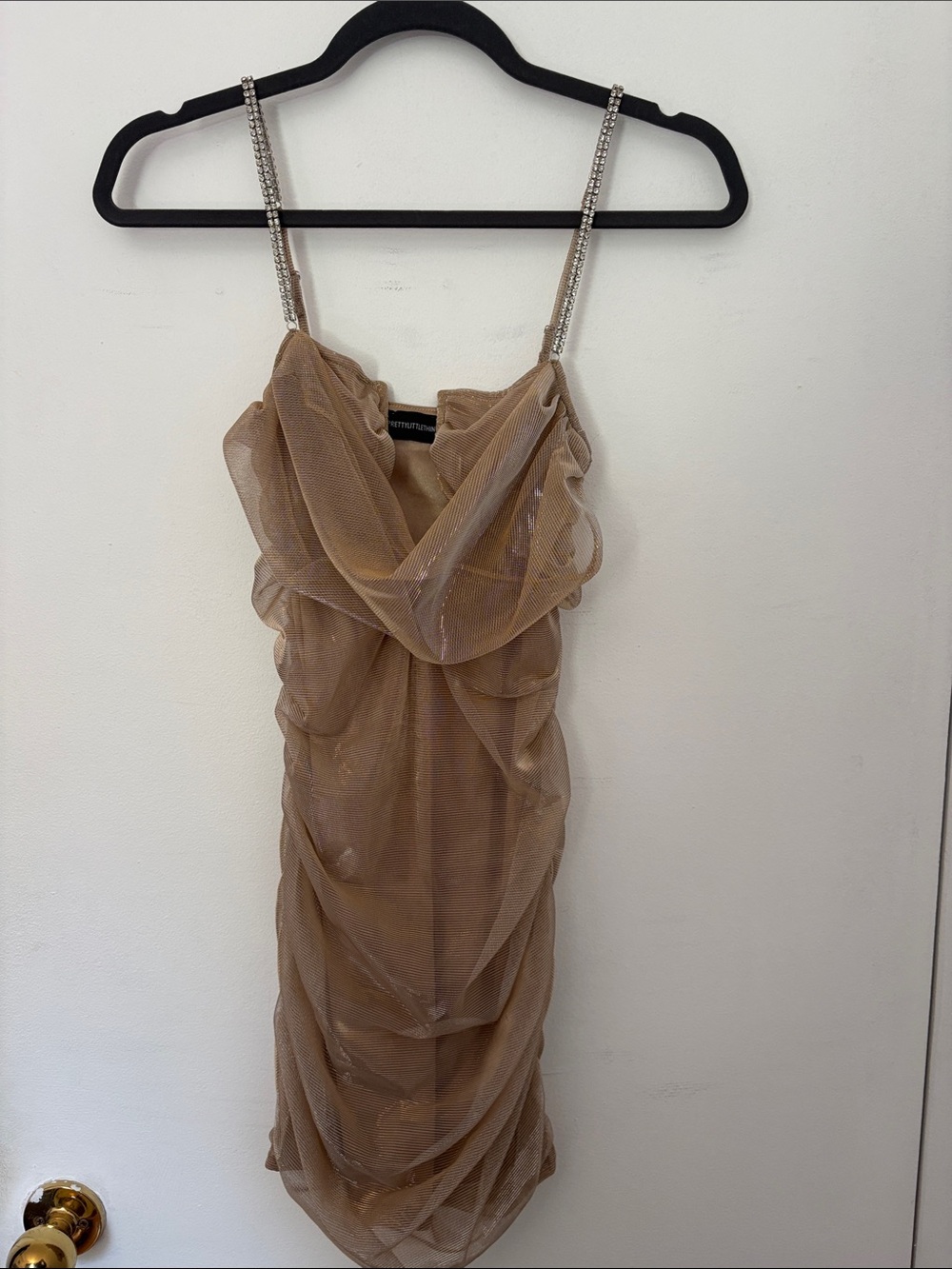 PrettyLittleThing Beige Ruched Mesh Mini Dress with Crystal Straps